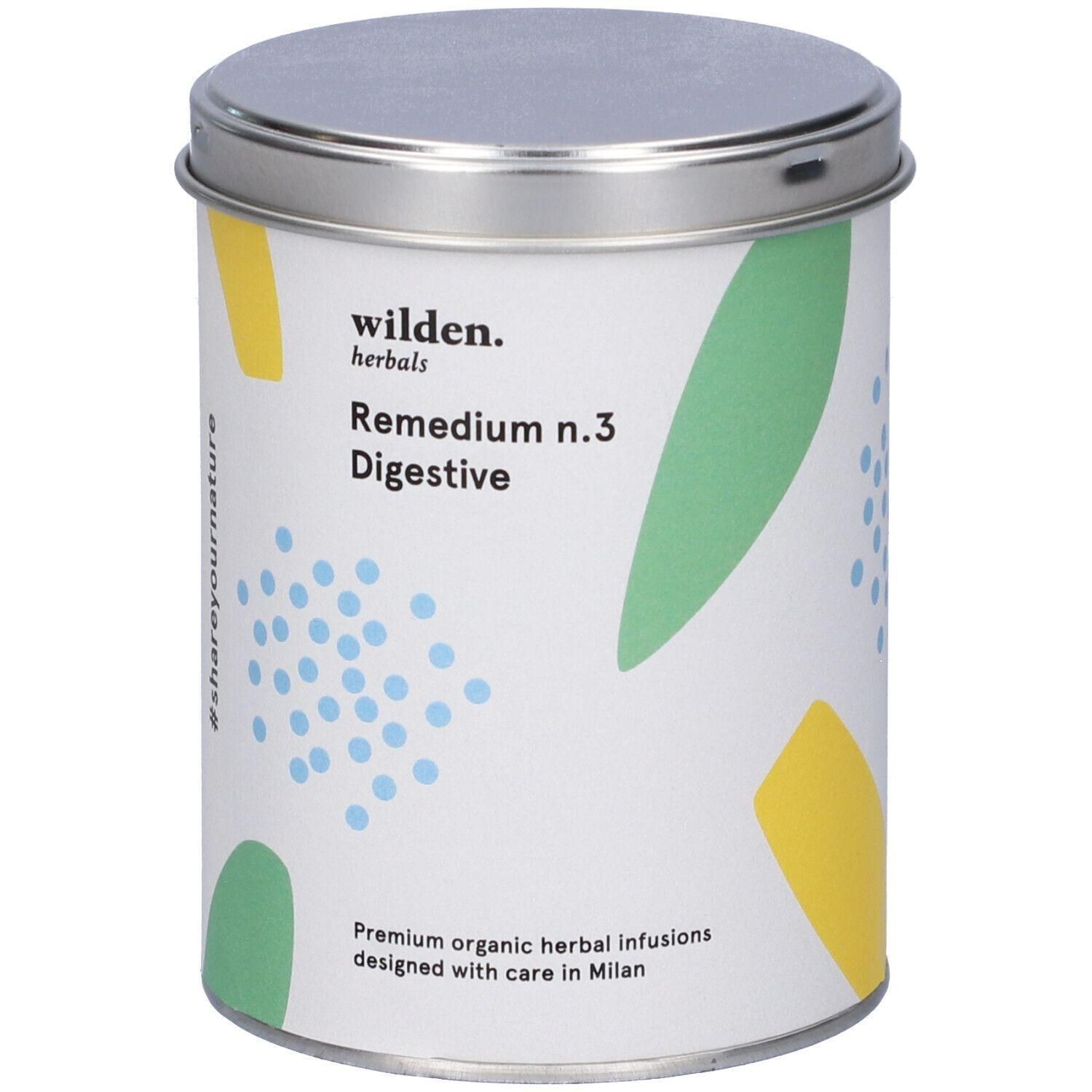 Lattina Wilden Herbals Remedium n.3 Digestive tisana. Lattina bianca con pois e foglie colorate.