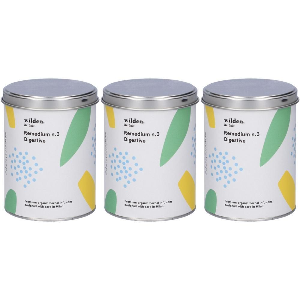 Tre lattine di tisana digestiva Wilden Remedium n.3 dal design moderno.