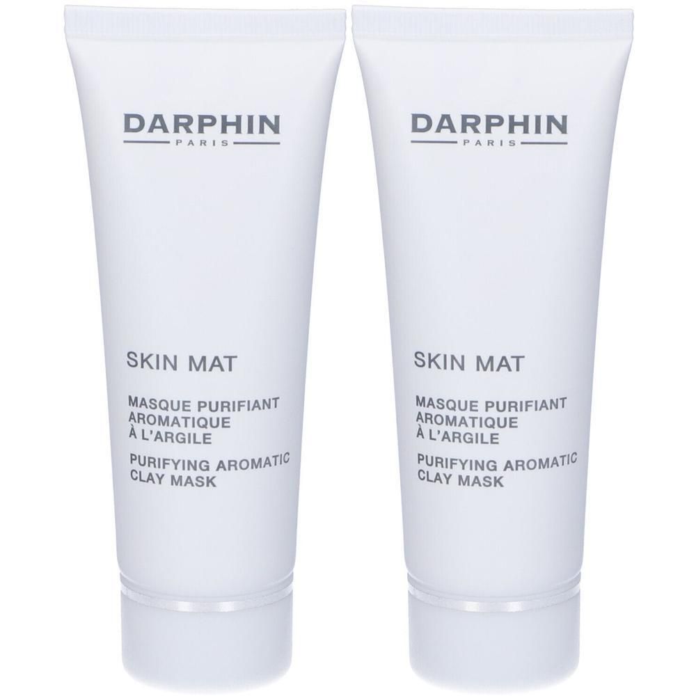 Due tubi bianchi di maschera Darphin Skin Mat con scritte nere.