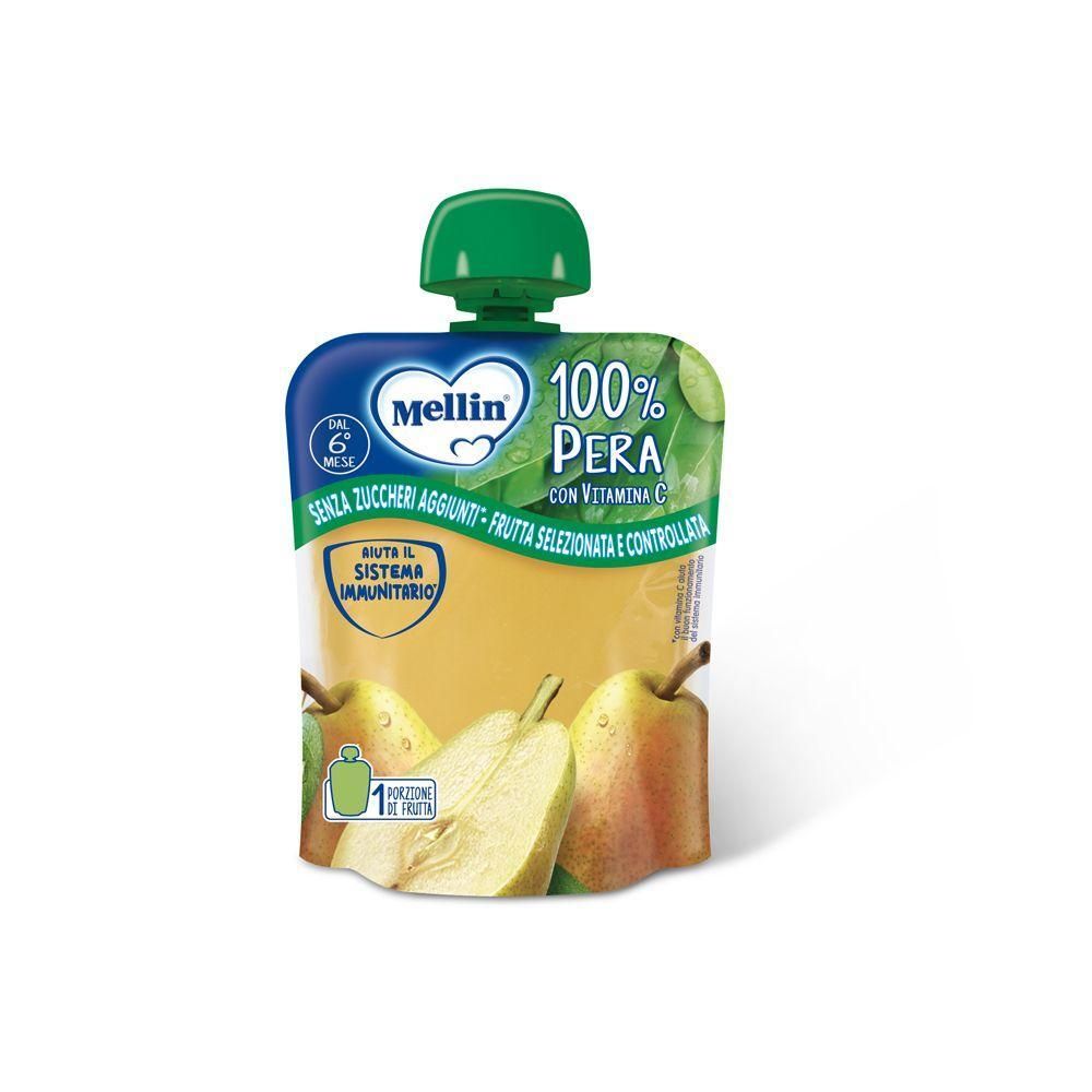 Mellin purea di pera in bustina con tappo verde. Contiene Vitamina C. Senza zuccheri aggiunti.