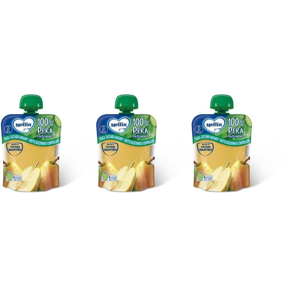 Tre pouch Mellin 100% Pera con tappo verde. Sono raffigurati spicchi di pera.