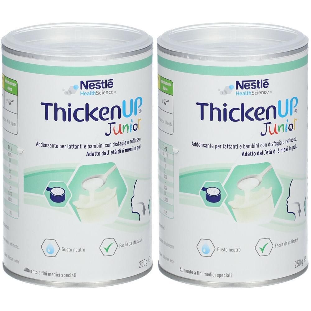 Due lattine di Nestlé ThickenUP Junior in polvere, 250g.