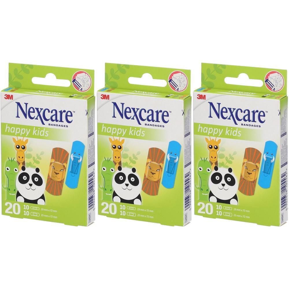 Tre confezioni di cerotti Nexcare Happy Kids con disegni di animali: panda, leone, giraffa. 20 cerotti per confezione.