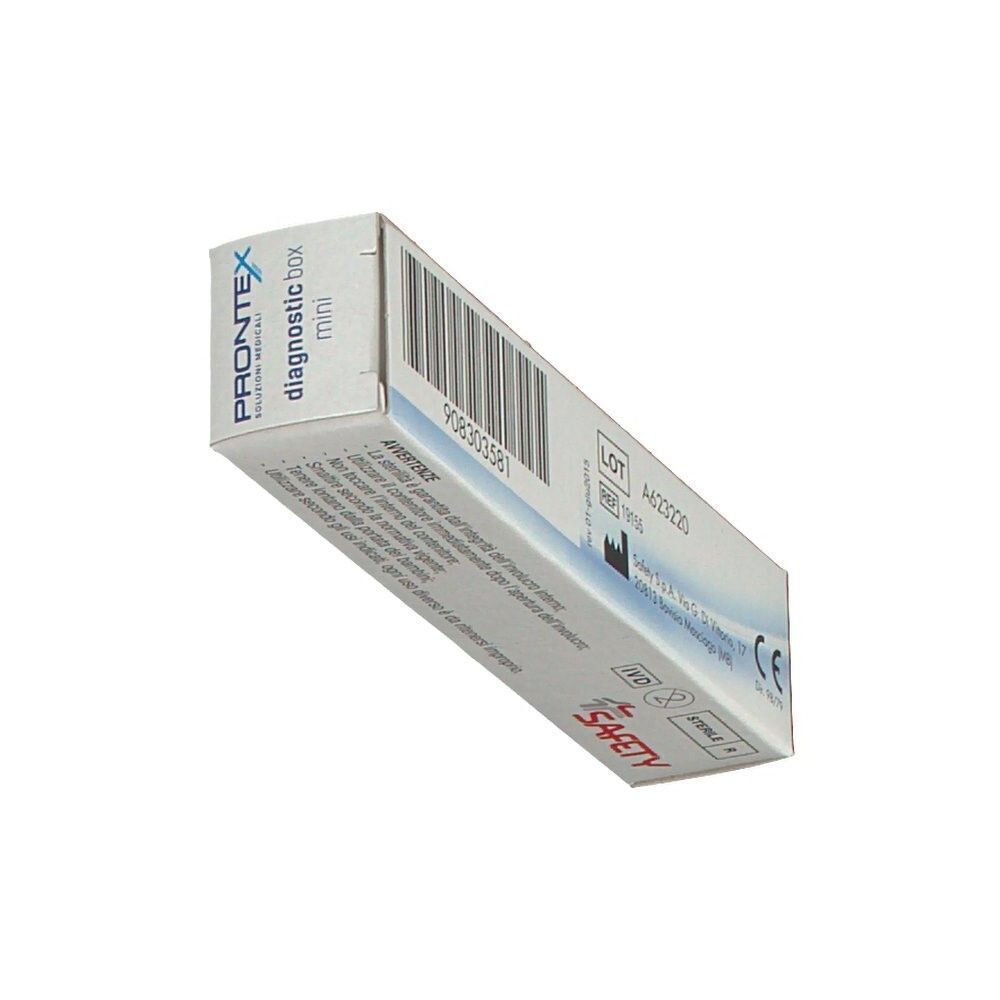 Confezione in cartone per PRONTEX diagnostic box mini, sterile, con marchio CE.
