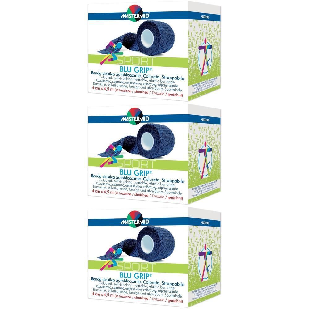 Tre confezioni di bende elastiche Master-Aid Blu Grip Sport, 4 cm x 4,5 m.