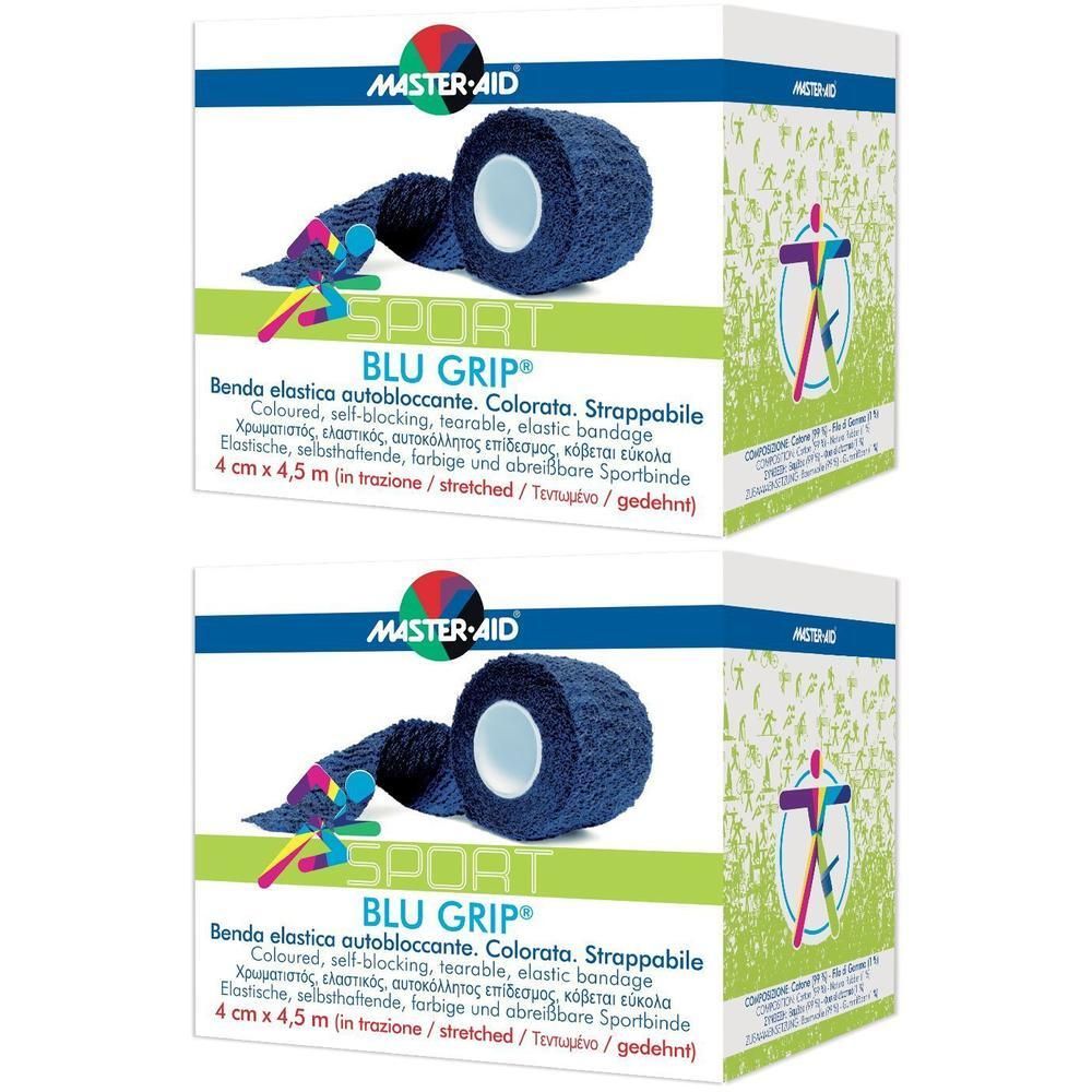 Due confezioni di benda Master-Aid Blu Grip Sport, 4 cm x 4,5 m, blu, autoadesiva e strappabile.