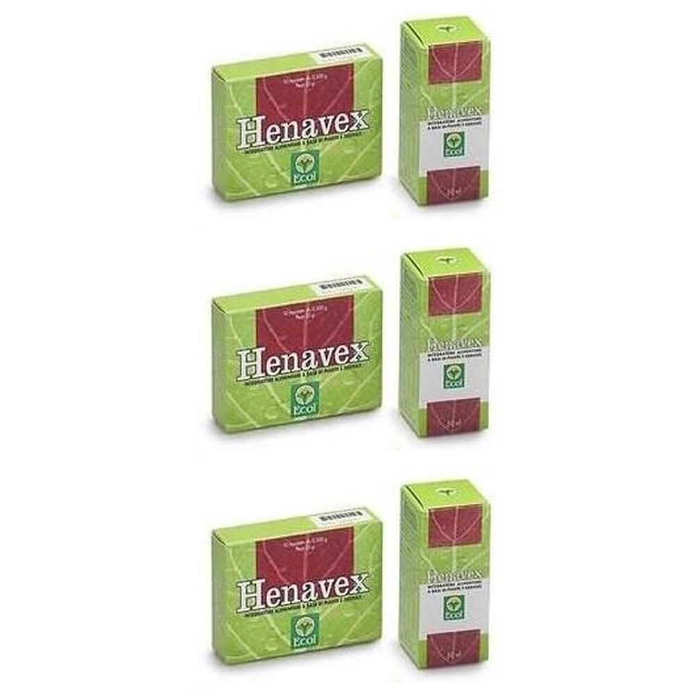 Tre confezioni di compresse Henavex. Confezione verde con motivo a foglia e testo.