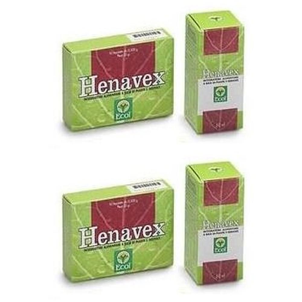 Due confezioni di Henavex, una piatta e una verticale, con scritte verdi e rosse.