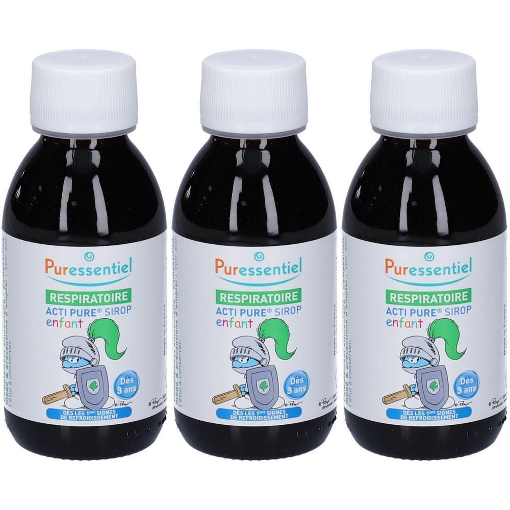 Tre flaconi di Puressentiel Respiratoire Acti Pure Sciroppo per bambini con illustrazione di cavaliere.