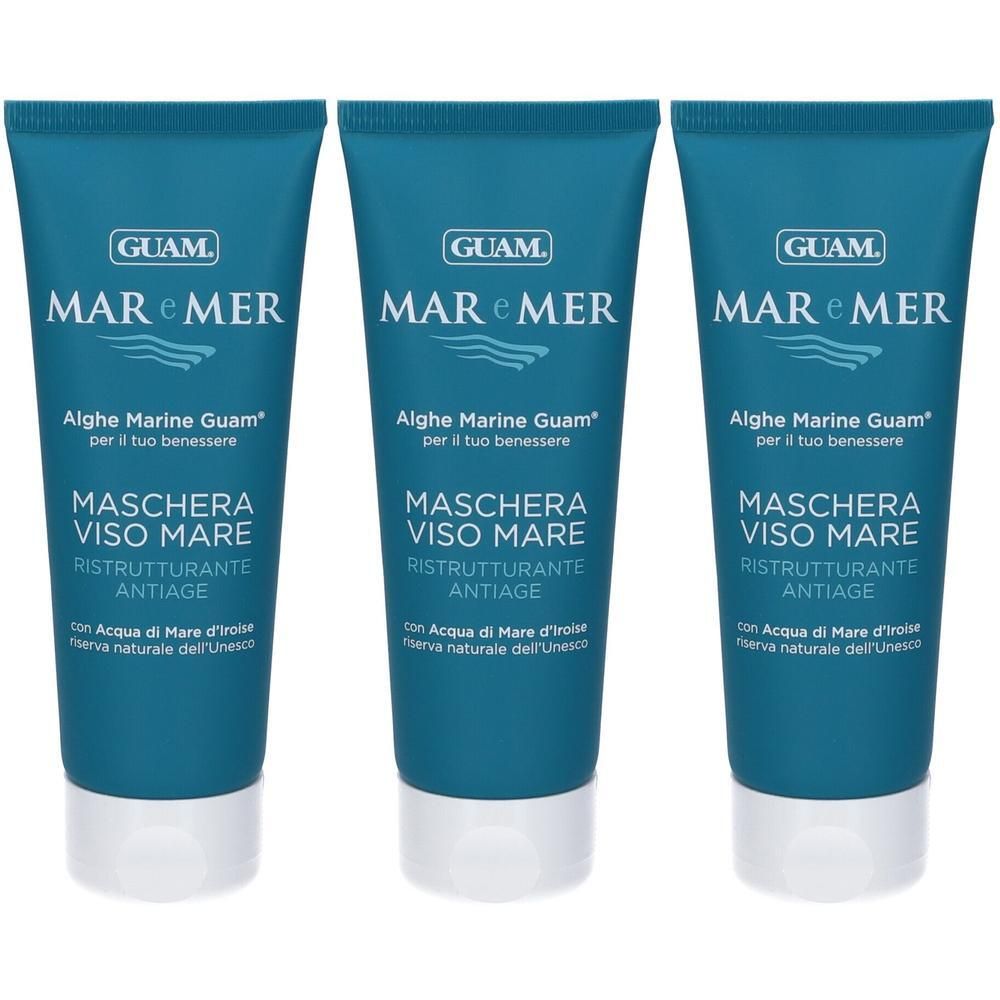 Tre tubetti di maschera viso GUAM Mar e Mer turchesi con scritte bianche. Formula anti-age.
