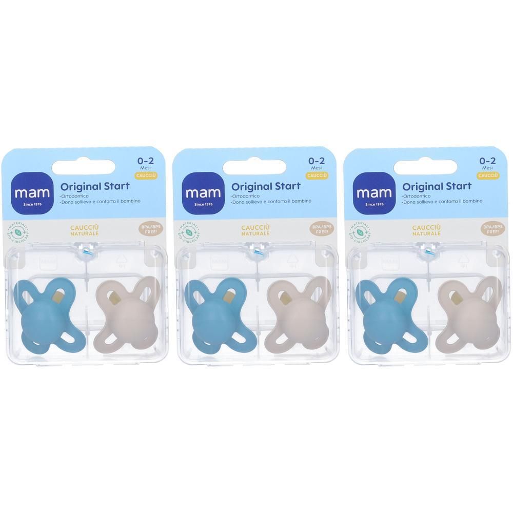 Tre confezioni di succhietti MAM Original Start in caucciù, 0-2 mesi, 2 pezzi per confezione. Un succhietto blu e uno grigio chiaro per confezione.