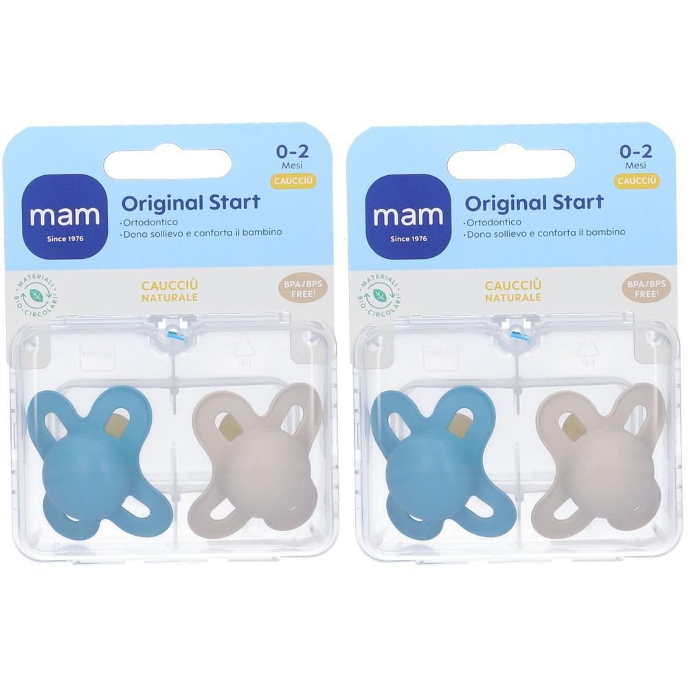 Due succhietti MAM Original Start in caucciù naturale, 0-2 mesi, blu e beige.