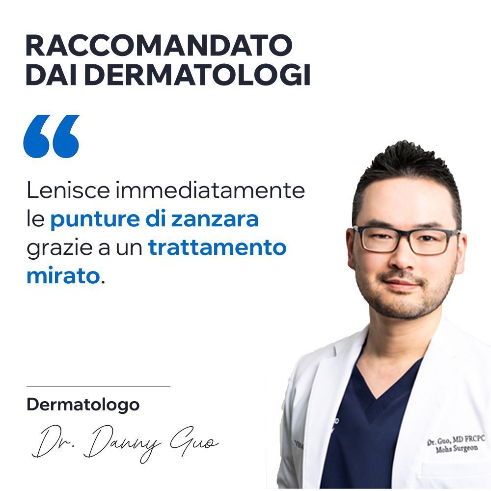 Un dermatologo con occhiali indossa un camice bianco. Accanto, una citazione su un trattamento mirato.