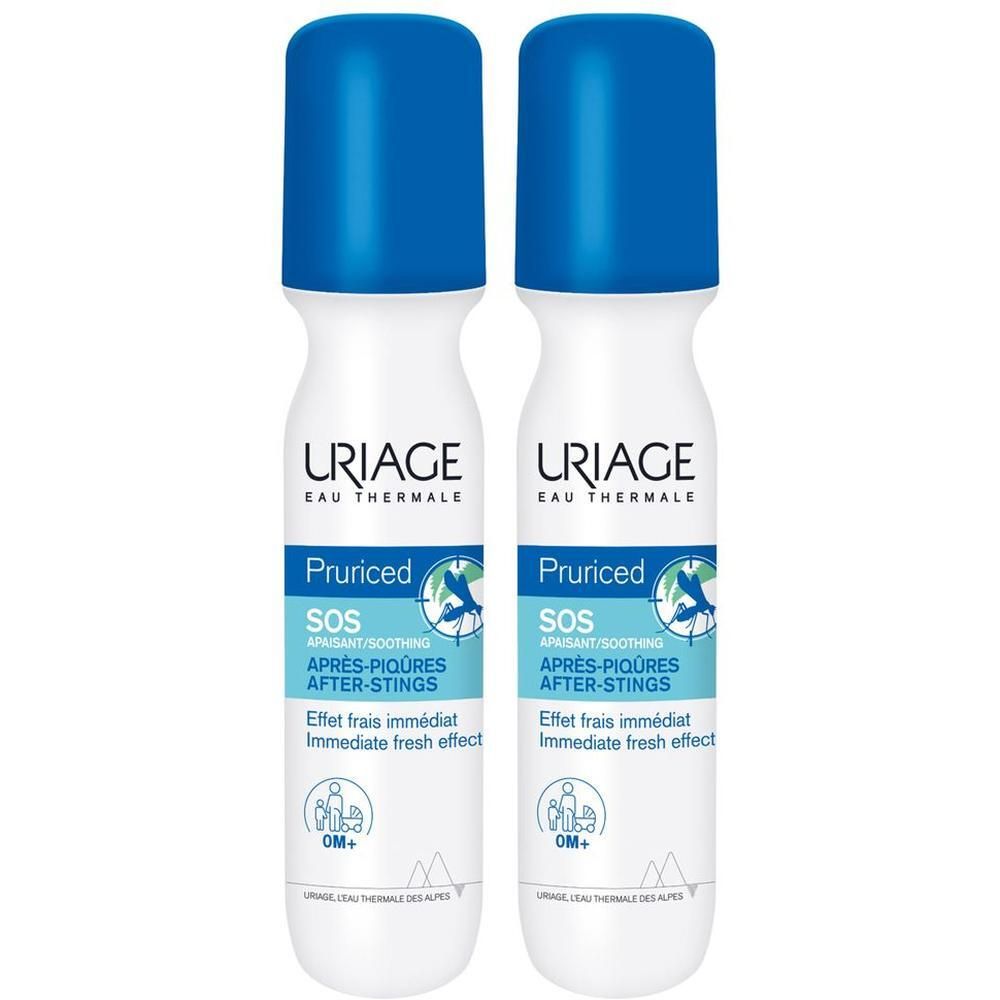 Due roll-on Uriage Pruriced SOS dopopuntura. Flaconi bianchi con tappi blu.