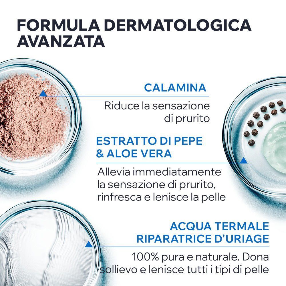 Formula dermatologica avanzata con calamina, estratto di pepe, aloe vera e acqua termale.