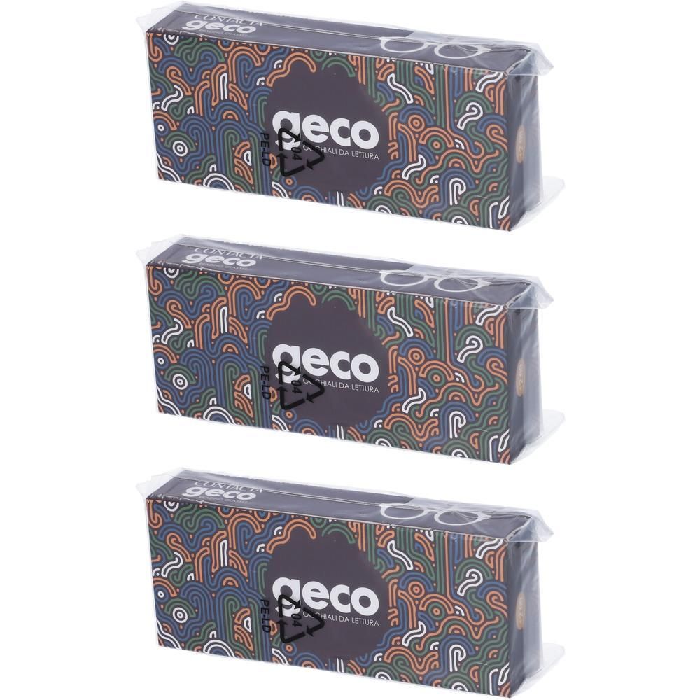Tre confezioni di occhiali da lettura Geco con logo e motivo colorato, ciascuna sigillata in plastica.