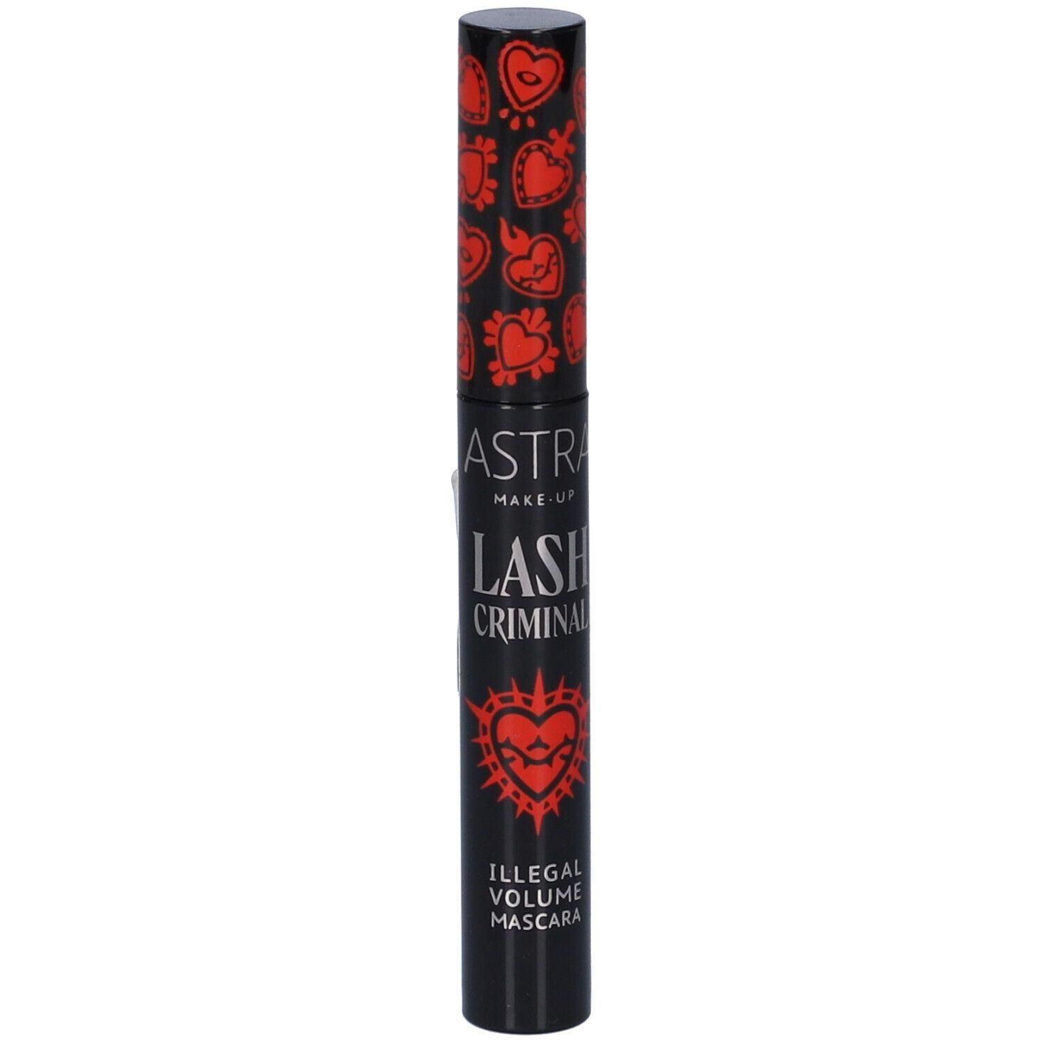 Confezione di mascara nera con cuori rossi e scritta 'LASH CRIMINAL'.