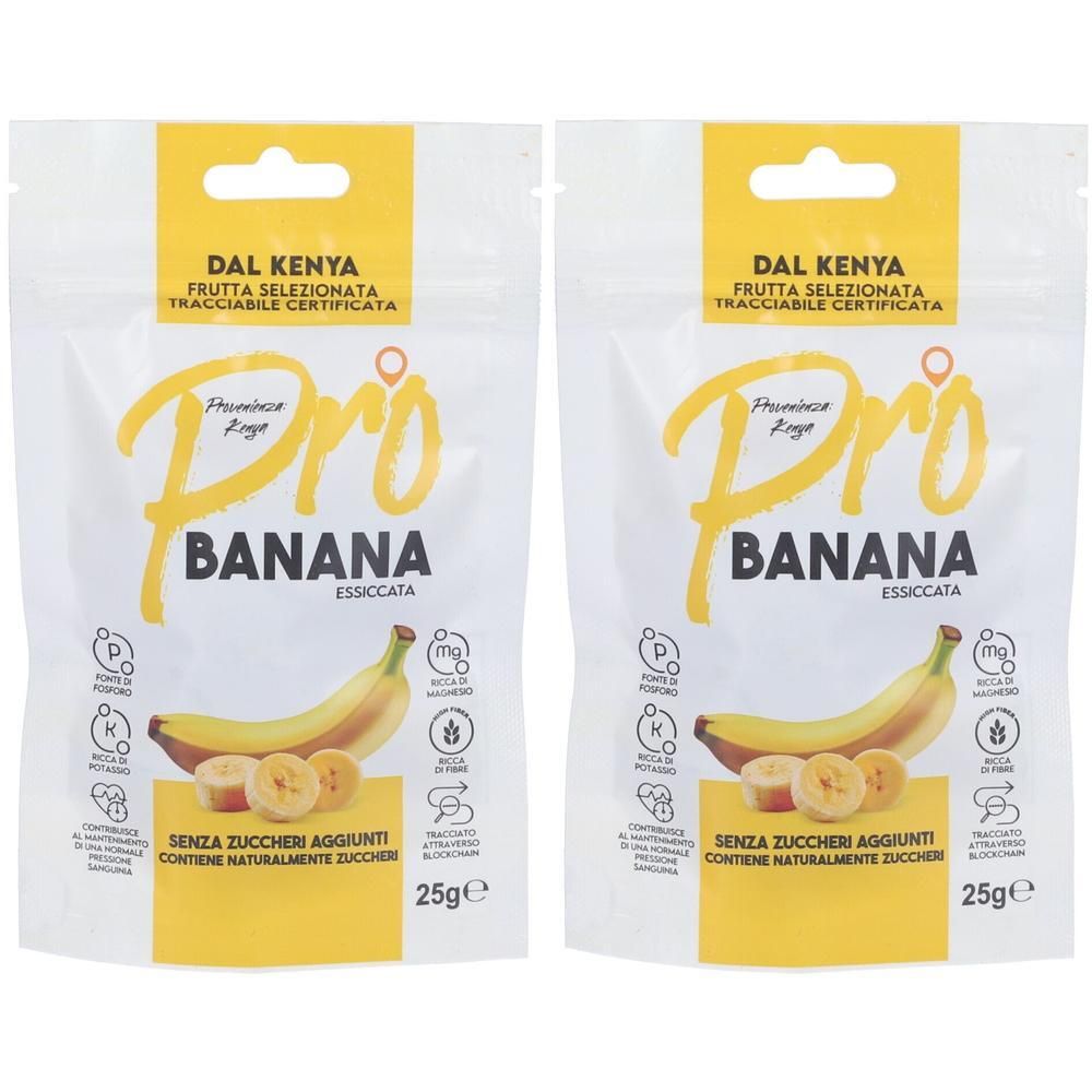 Due confezioni di banana essiccata, 25g per confezione. Raffigurato con banane intere e a fette.