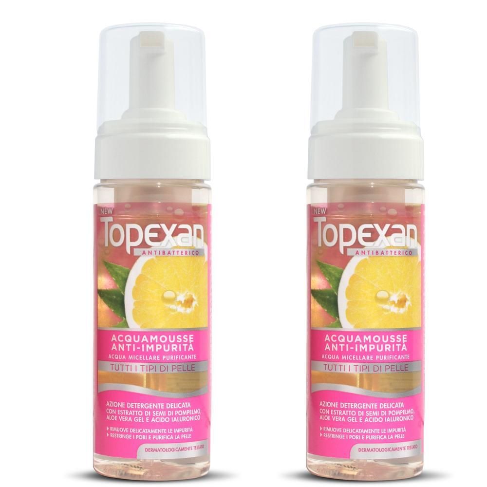 Due flaconi di Topexan Acqua Mousse Anti-Impurita' con immagine di limone.