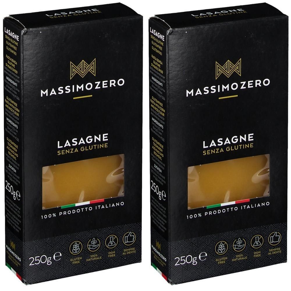Due confezioni di lasagne senza glutine Massimo Zero, 250g ciascuna. Prodotto italiano.