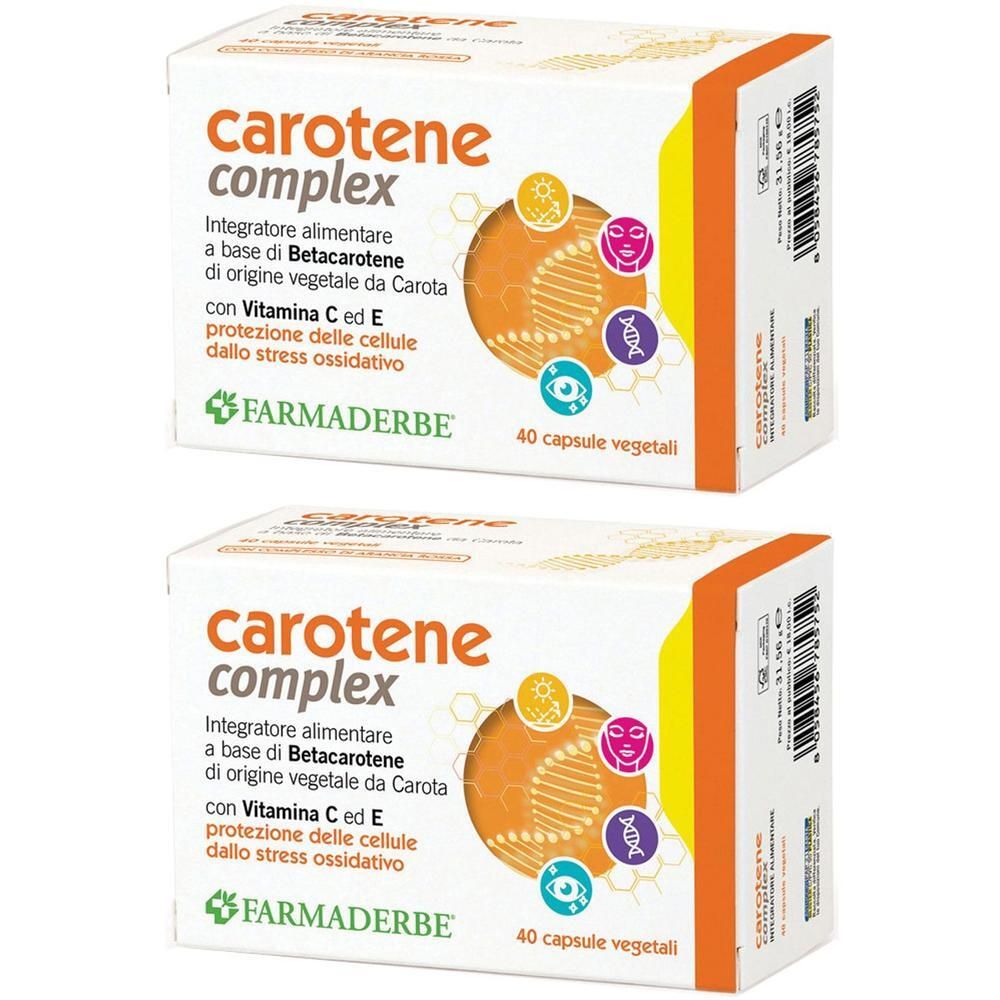 Due confezioni di Carotene Complex da 40 capsule. Contiene Beta-Carotene, Vitamina C ed E.