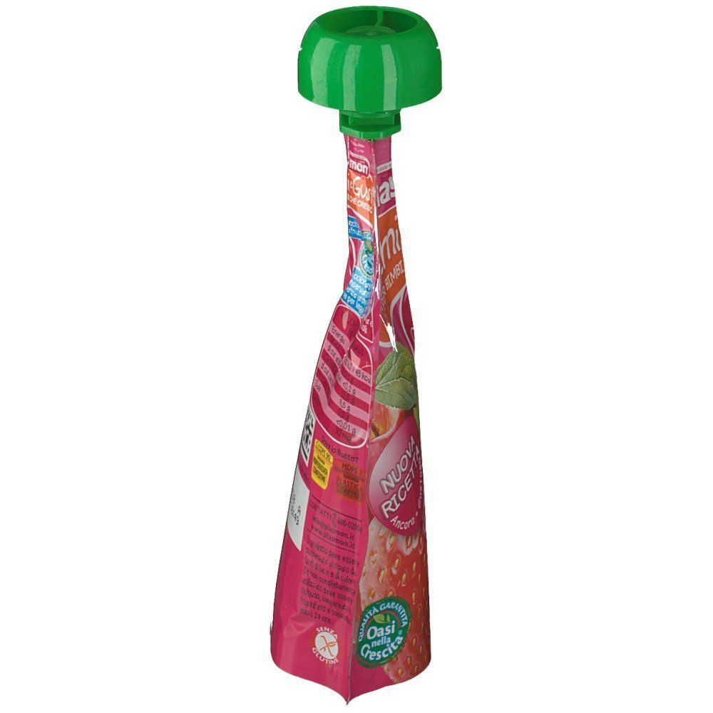 Sacchetto spremibile rosa con tappo a vite verde, raffigurante fragole e riso.