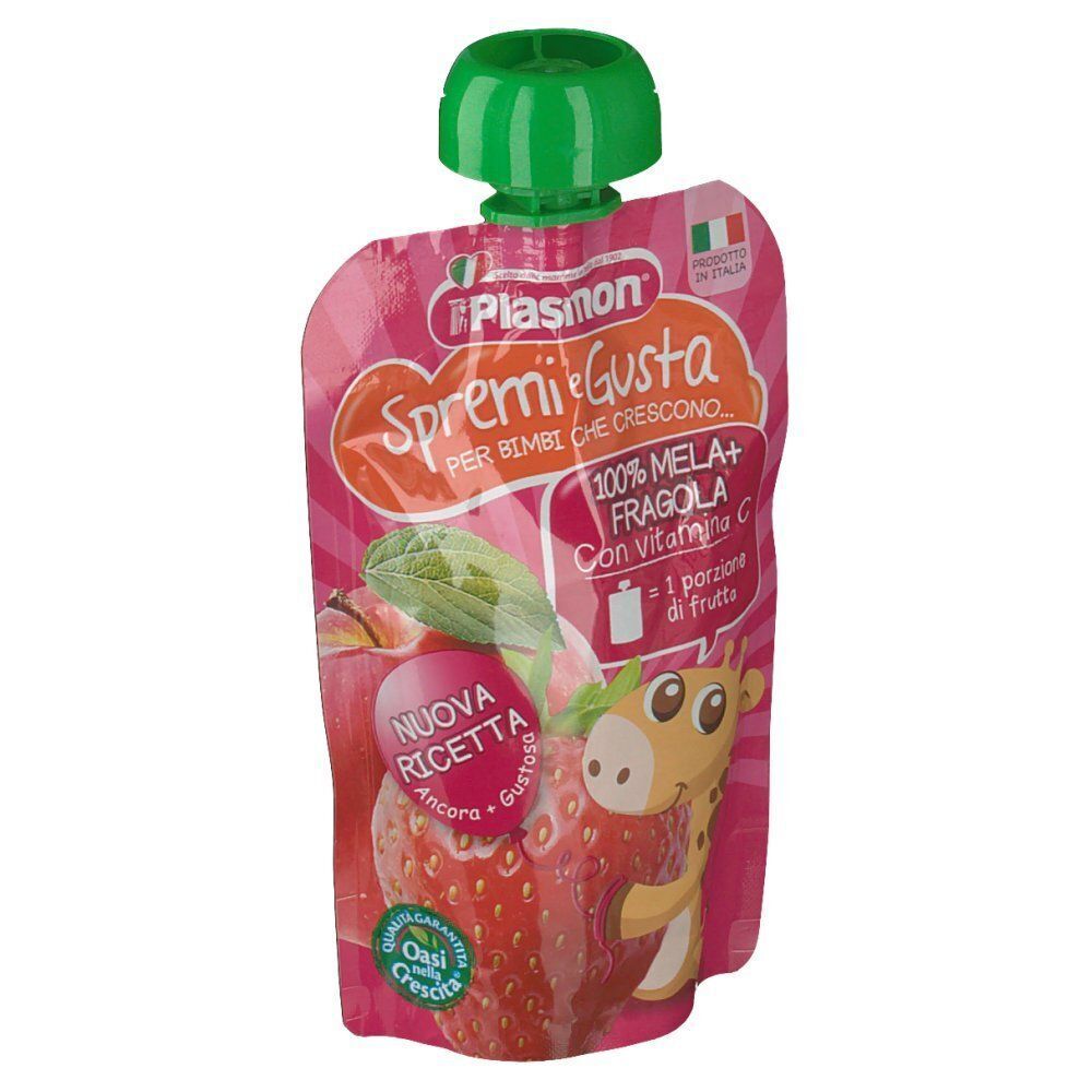 Plasmon Spremi e Gusta, sacchetto con mela e fragola, tappo verde.