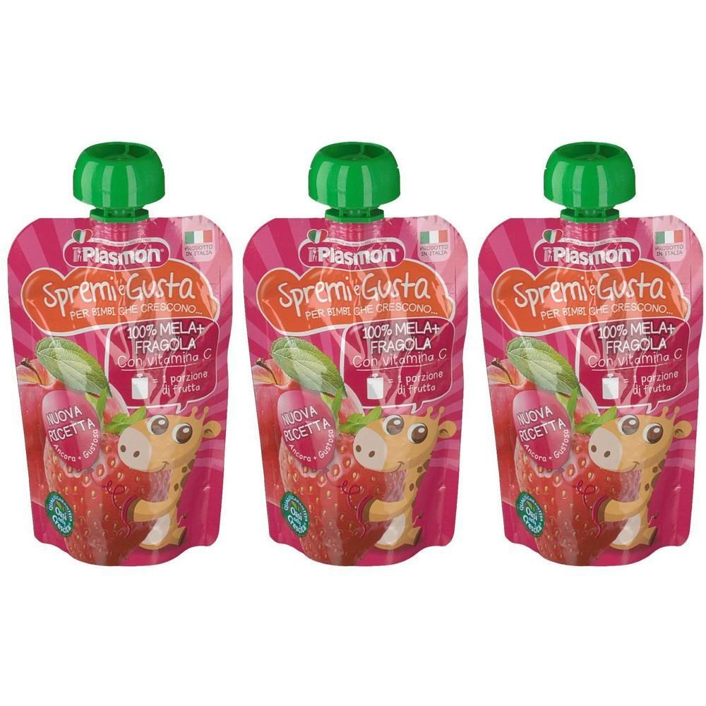 Tre sacchetti Plasmon spremuta fragola con tappi verdi, ognuno con un animale dei cartoni animati e frutta.