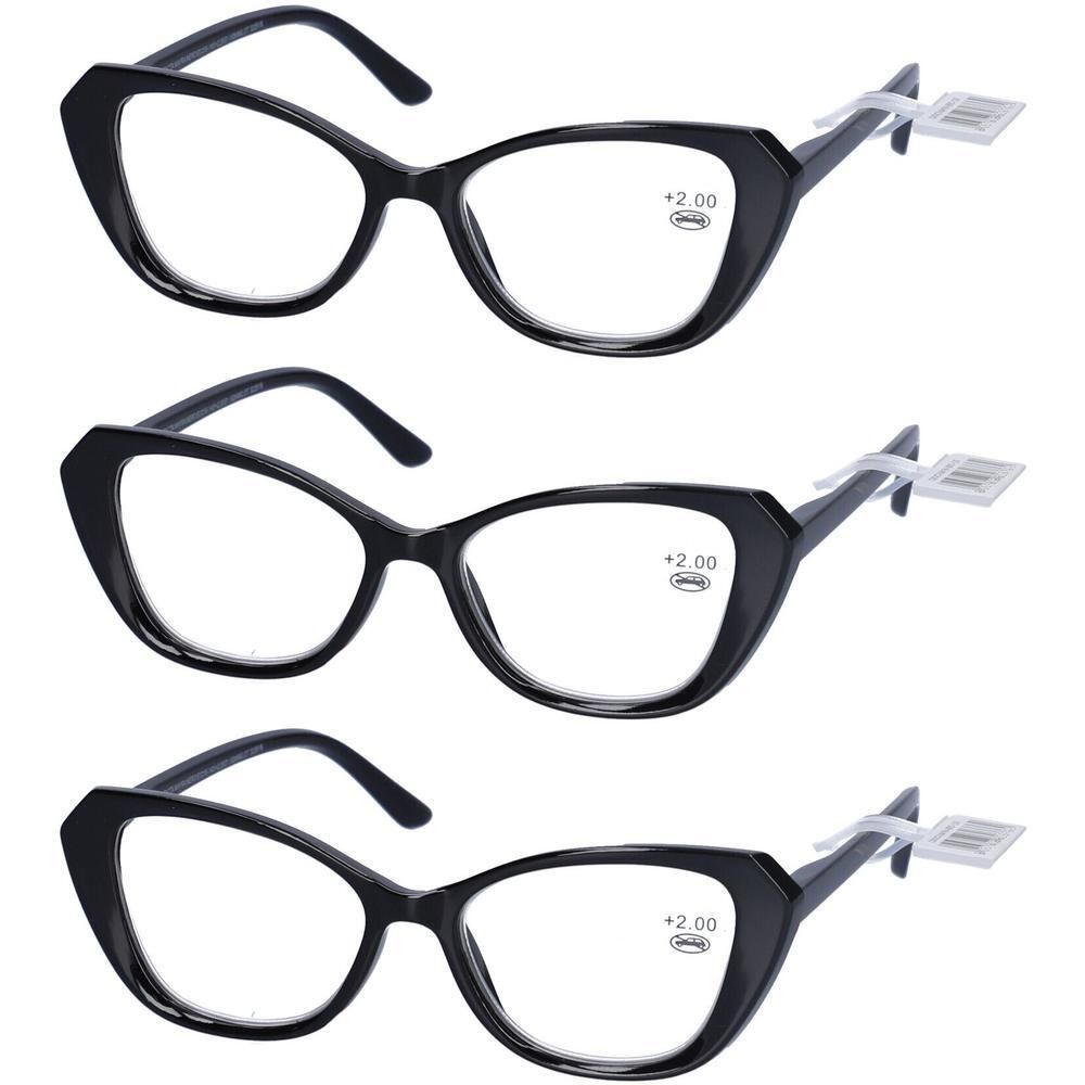 Tre occhiali da lettura neri, montatura cat-eye, con diottria +2,00.