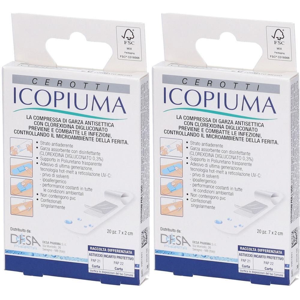 Due confezioni di cerotti Icopiuma con compressa antisettica e clorexidina. Ogni confezione contiene 20 pezzi.