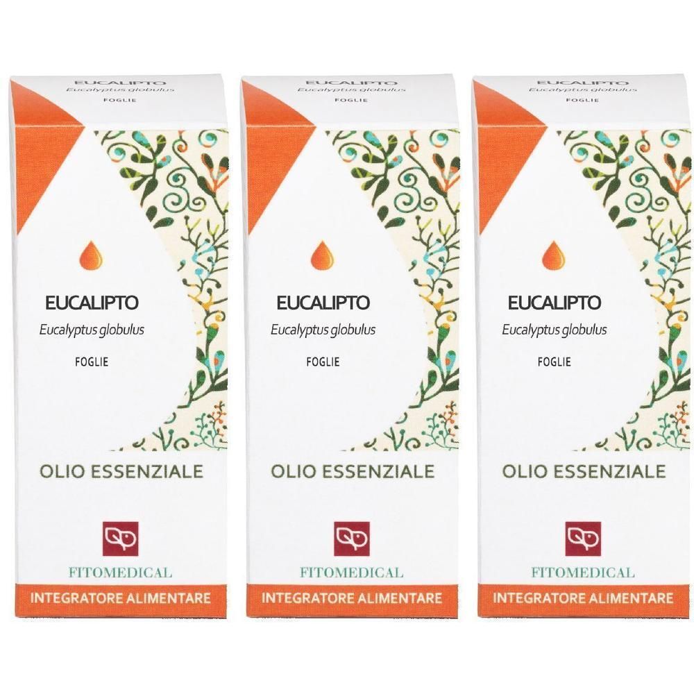 Tre scatole di olio essenziale di eucalipto. Con decoro di foglie e simbolo a goccia.