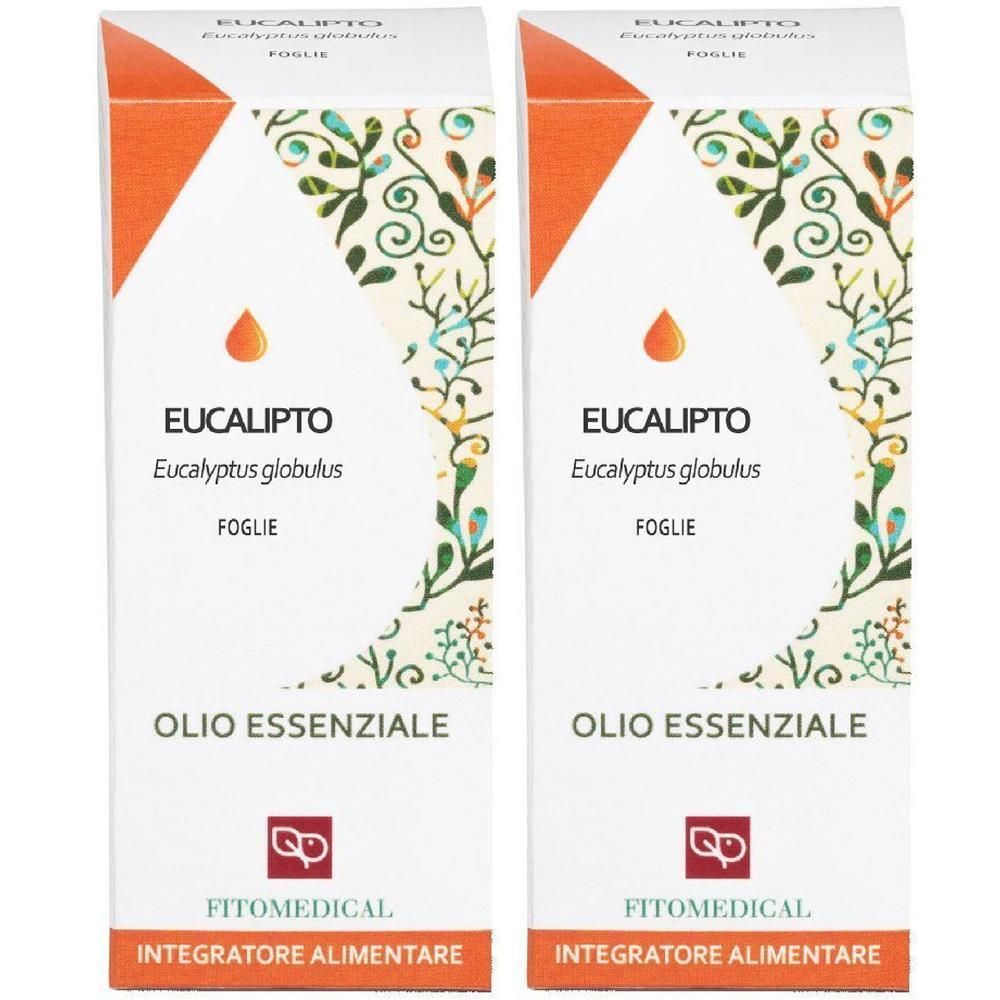 Due scatole di olio essenziale di eucalipto. Fronte con decorazioni botaniche e informazioni sul prodotto.
