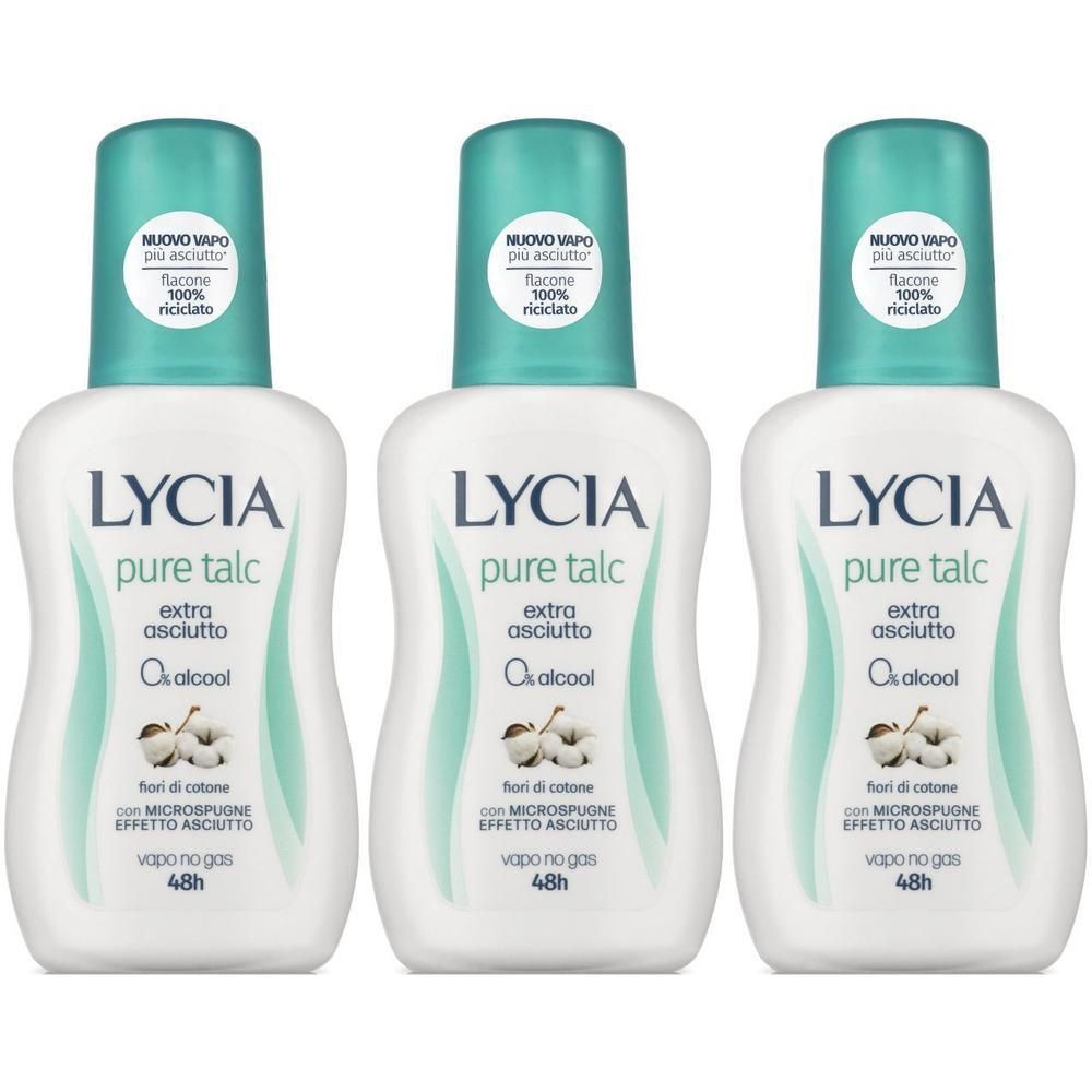 Tre flaconi di Lycia Pure Talc extra asciutto con motivo floreale di cotone. Flaconi bianchi con tappi turchesi.
