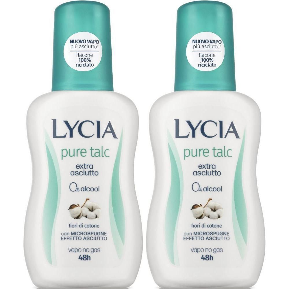 Due flaconi di Lycia Pure Talc extra asciutto con motivo floreale di cotone. Flaconi bianchi con tappi turchesi.