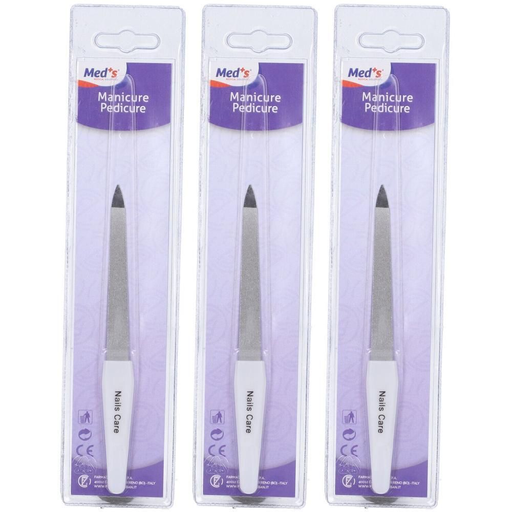 Tre lime per manicure-pedicure con manico bianco e superficie abrasiva in metallo, confezionate.