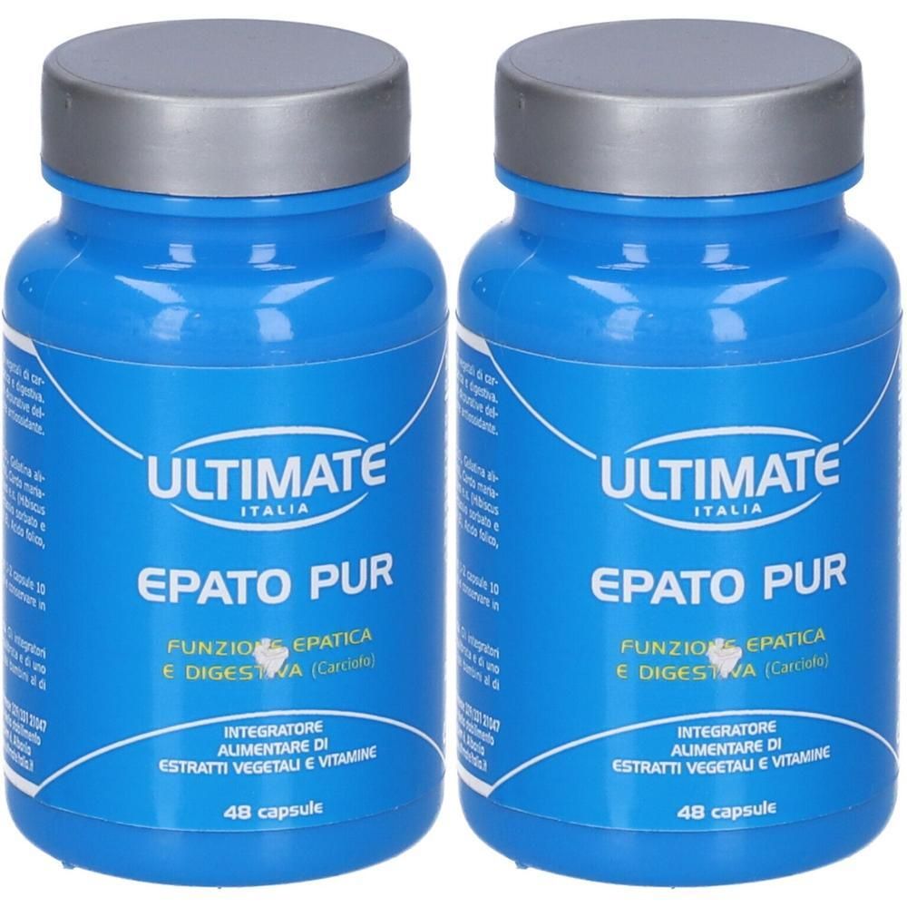 Due flaconi blu di capsule con tappi argentati. Etichetta: "ULTIMATE ITALIA EPATO PUR".