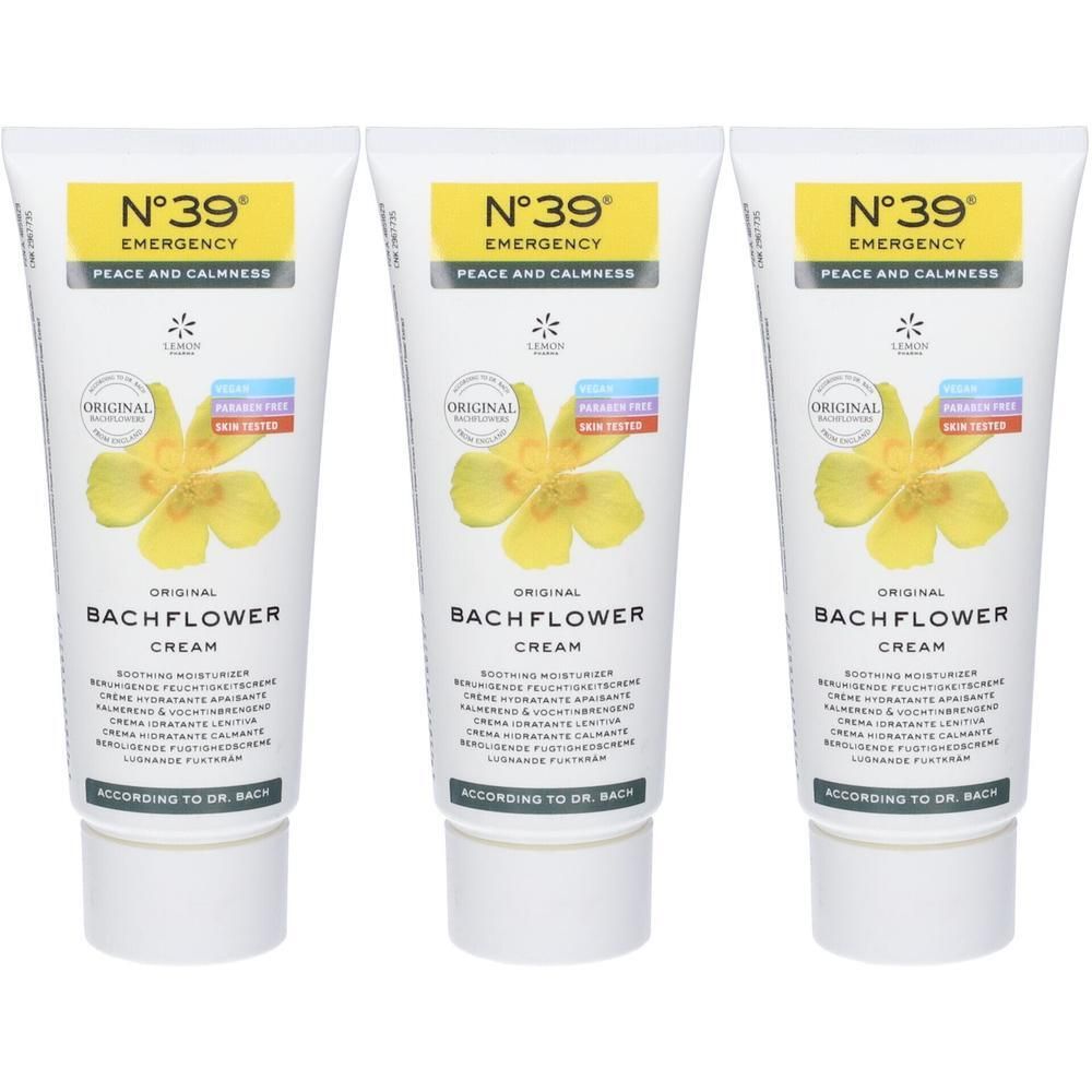 Tre tubi di crema originale Bach Flower di emergenza con fiore giallo sul davanti.