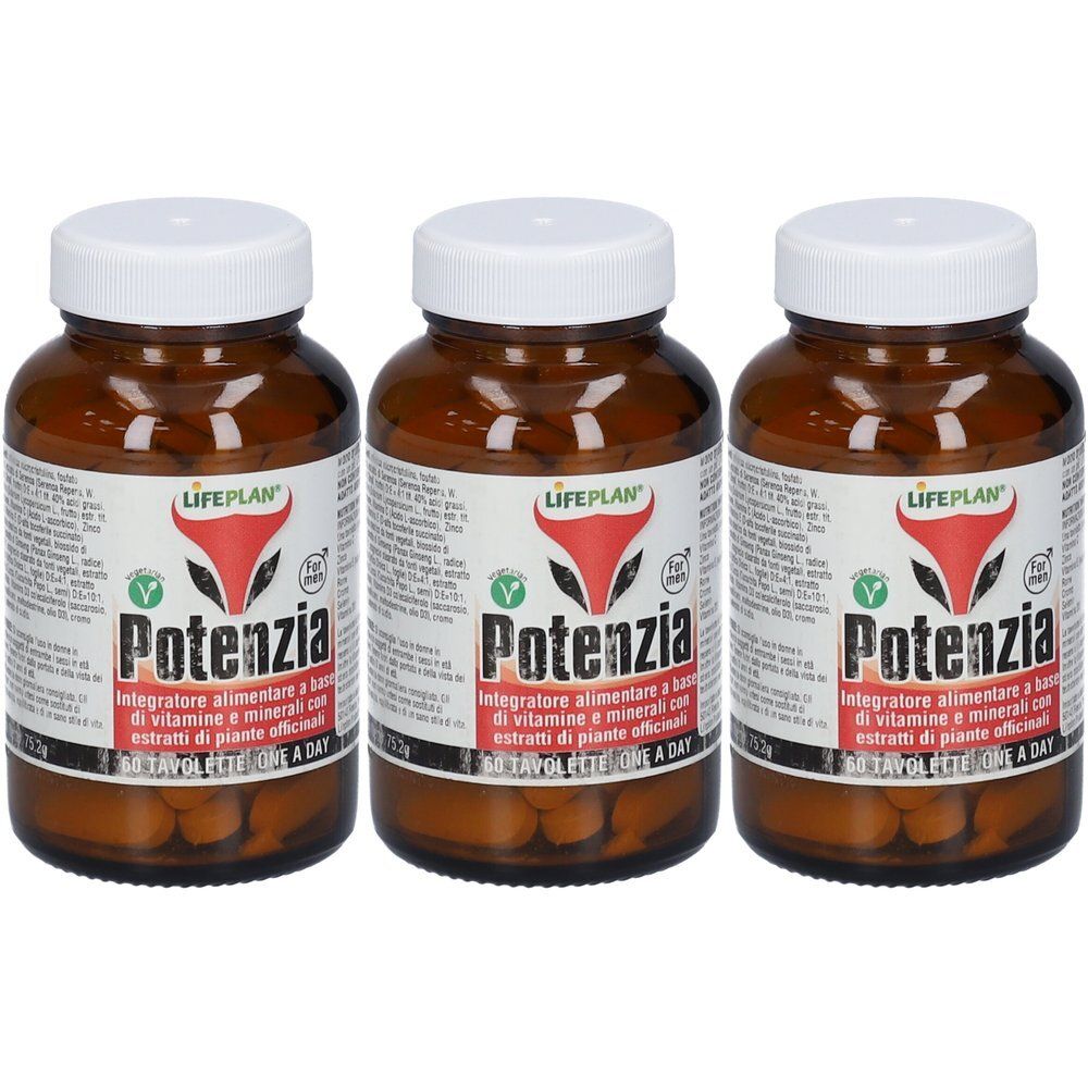 Tre flaconi in vetro ambrato con tappo bianco contenenti integratori LIFEPLAN® Potenzia.