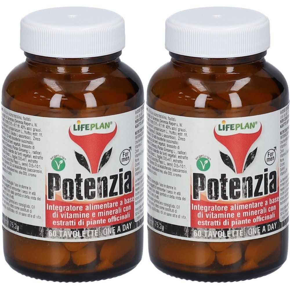 Due flaconi di LIFEPLAN Potenzia, integratore alimentare per uomini, 60 tavolette per flacone.