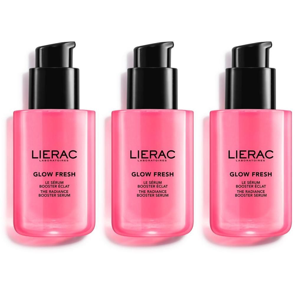 Tre flaconi Lierac Glow Fresh con dispenser a pompa.