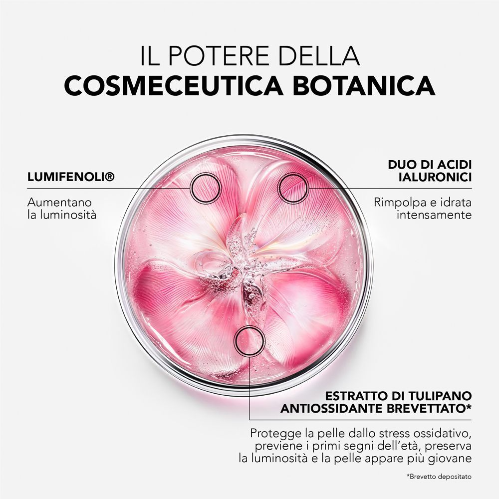 Capsula di Petri con petali e testo che descrive gli ingredienti.