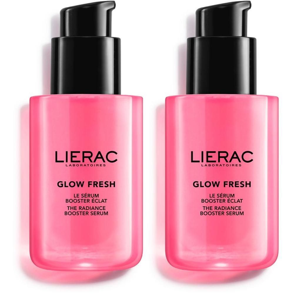 Due flaconi rosa Lierac Glow Fresh con dispenser a pompa.