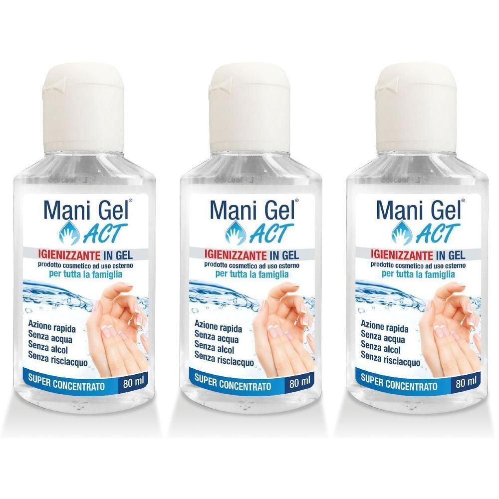 Tre flaconi di gel igienizzante mani con tappo a scatto bianco. Liquido trasparente con etichetta.