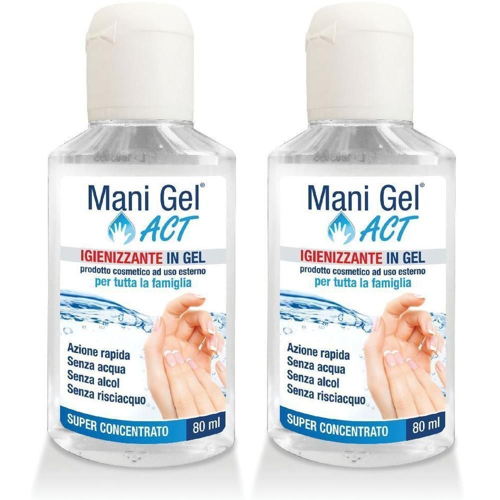 Due flaconi di gel igienizzante mani con tappo a scatto bianco. Liquido trasparente in flaconi trasparenti con etichette bianche.
