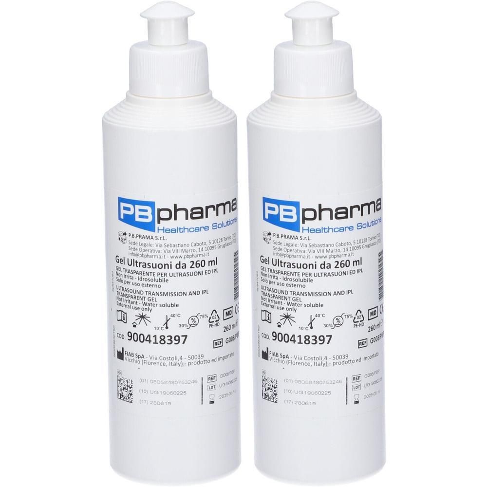 Due flaconi bianchi da 260 ml di gel per ultrasuoni PB pharma.