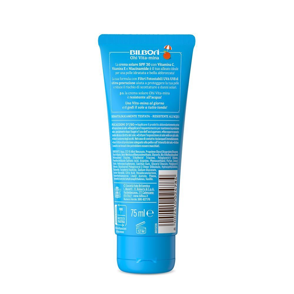 Retro di un tubetto blu di crema solare SPF 30, con ingredienti e indicazione 75ml.