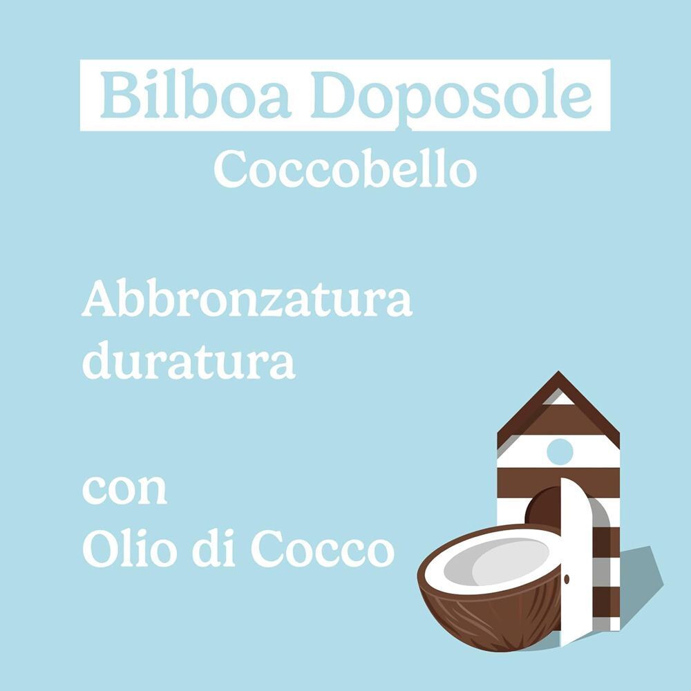 Grafica con Bilboa Doposole Coccobello, cocco e simbolo di cabina da spiaggia.