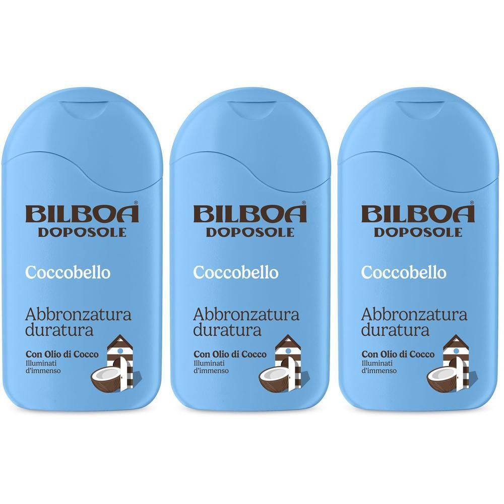 Tre flaconi blu Bilboa Doposole Coccobello con simbolo olio di cocco.