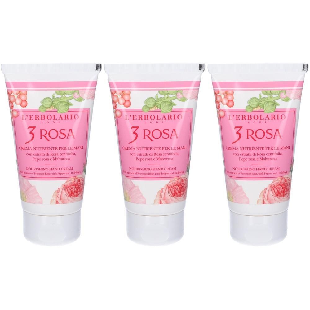 Tre tubetti di Crema Nutriente per le Mani L'Erbolario 3 Rosa, con decorazioni floreali di rose.