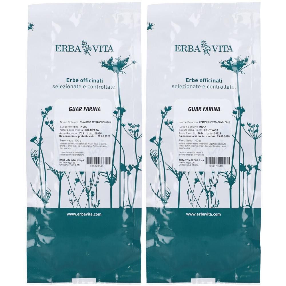 Due confezioni di Erba Vita Guar Farina, 100g ciascuna. Erbe officinali selezionate e controllate.